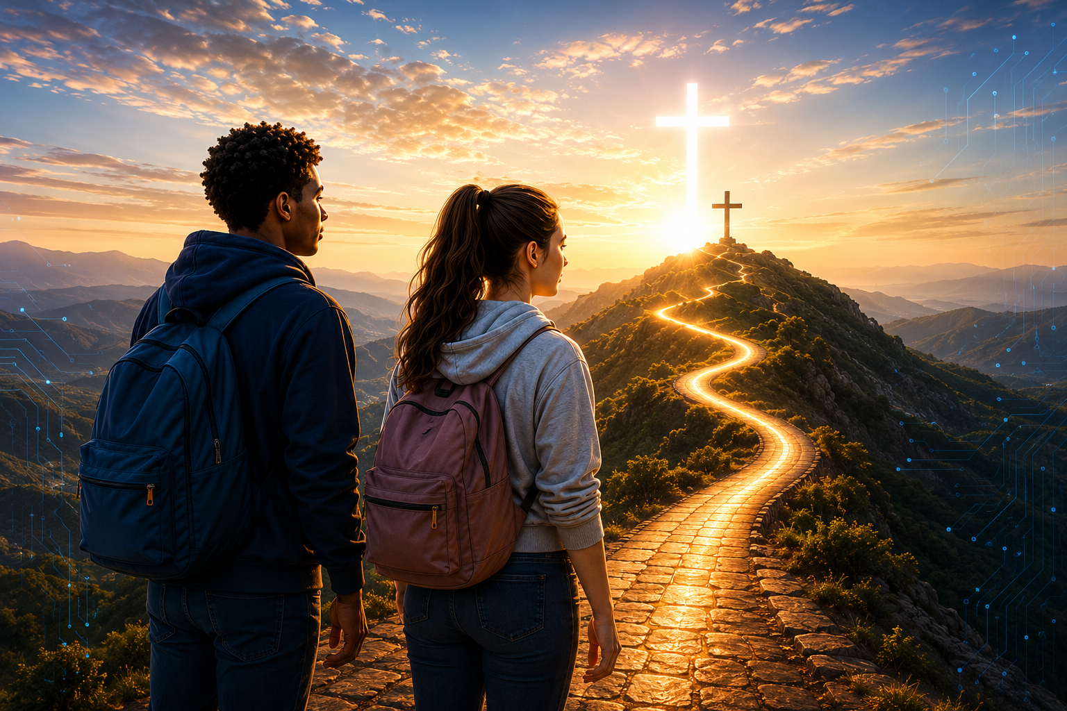 A teenage boy and a teenage girl standing side by side on a mountain path, looking towards a glowing cross at sunrise.